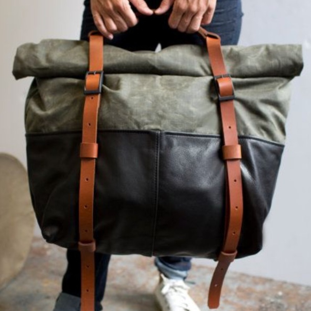 Awl Snap Waxed Canvas Leather Adjustable Backpack Tote Olive Green Black Tan